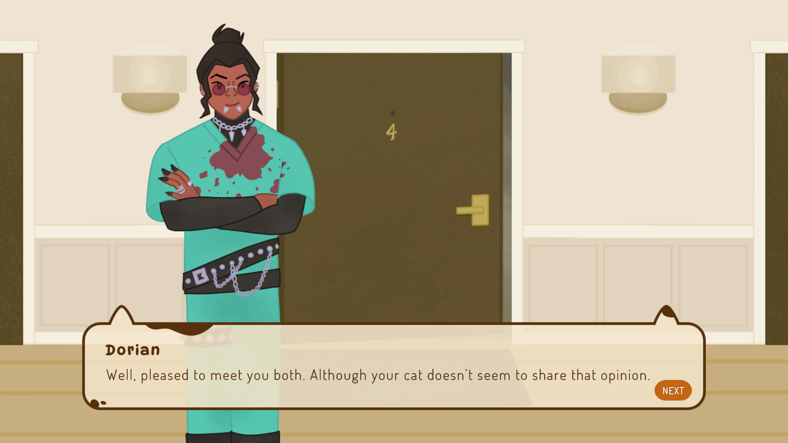 A screenshot of a cross-armed brown man with a bun, red sunglasses, snake bites, wearing blood-splattered scrubs.